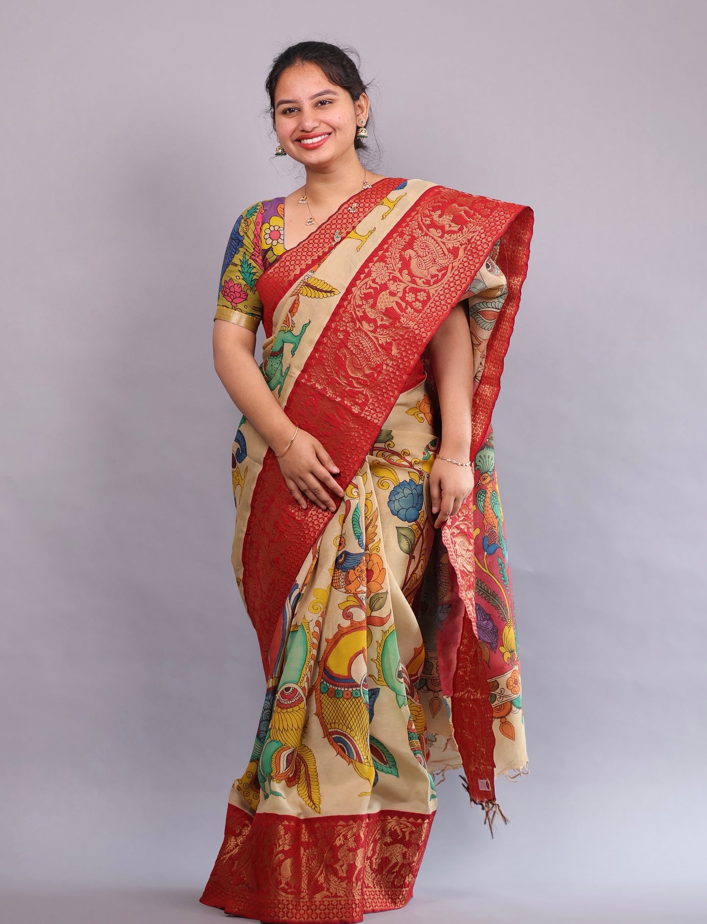 Cream Hand Painted Pen Kalamkari Silk Saree