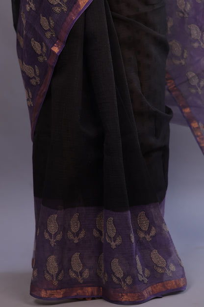 Pure Kota Doria Saree with Bagru Handblock Prints – Black | Looms&Tassels