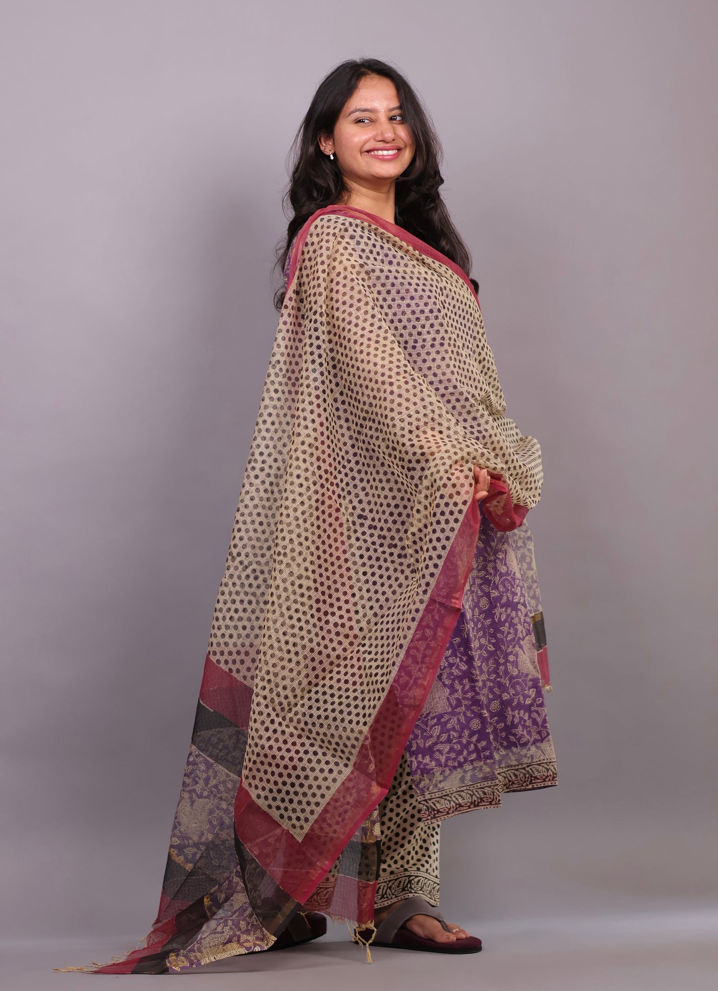 Lavender Handblock printed kota 3 piece suit (stitched)