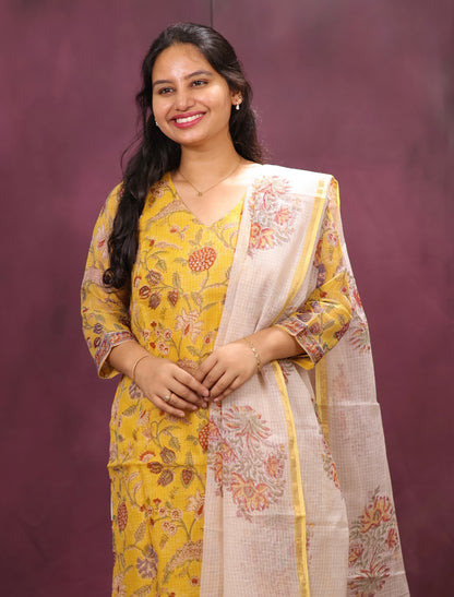 Yellow Handblock printed kota 3 piece suit (stitched)