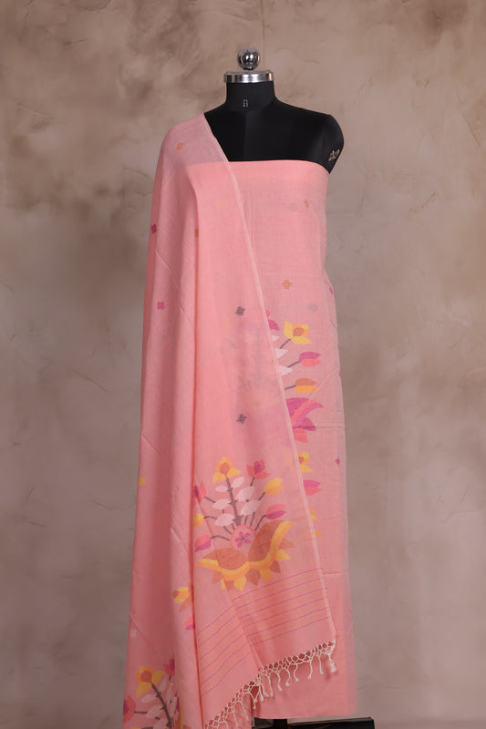 Peach Handwoven Jamdhani weaving pure Malai cotton 2 piece suit sets | Looms & Tassels