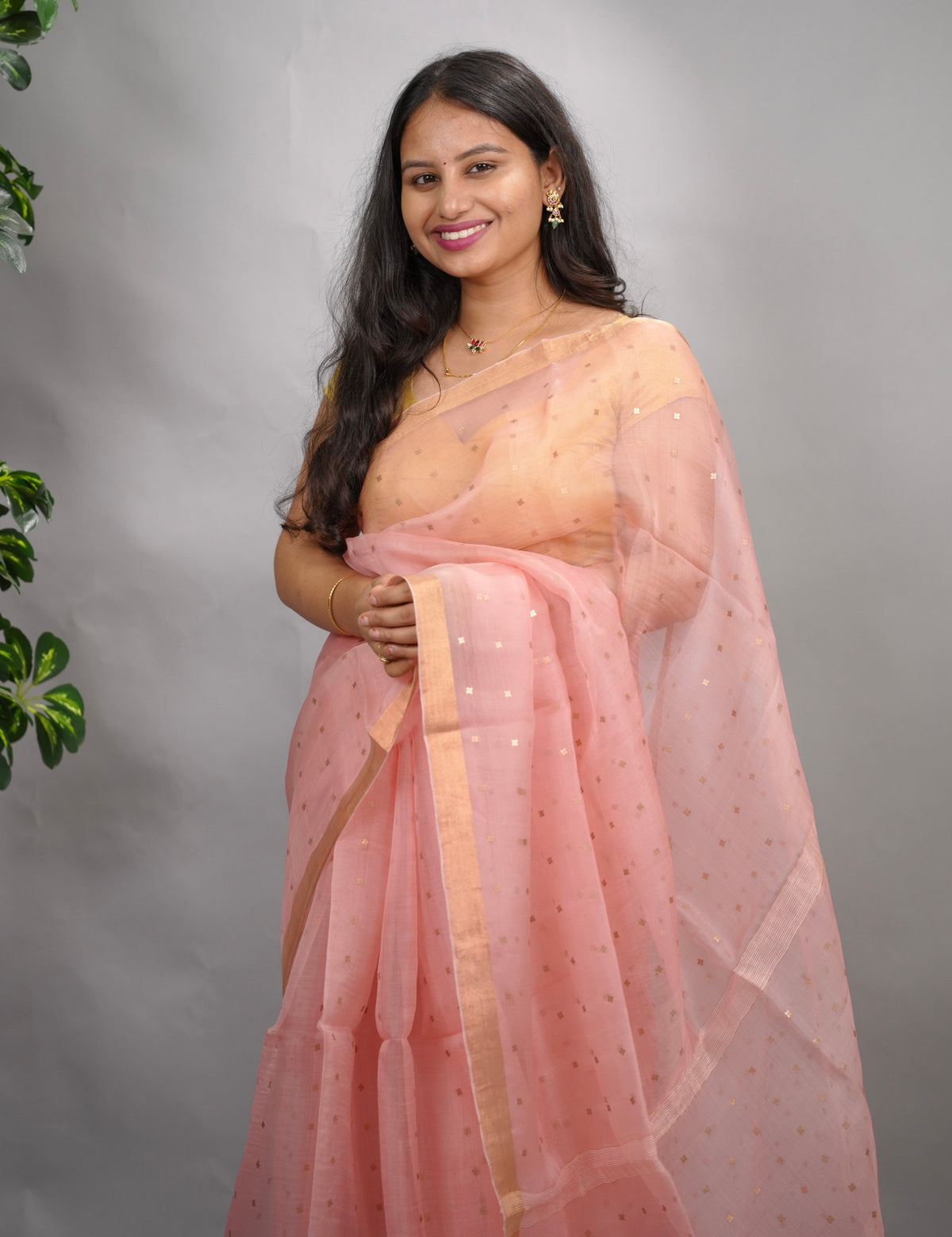 Peach Handwoven Muslin Silk Saree With Sequence Work | Looms & Tassels