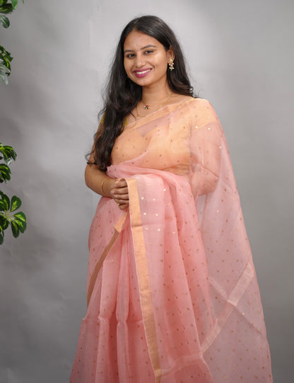 Peach Handwoven Muslin Silk Saree With Sequence Work | Looms & Tassels