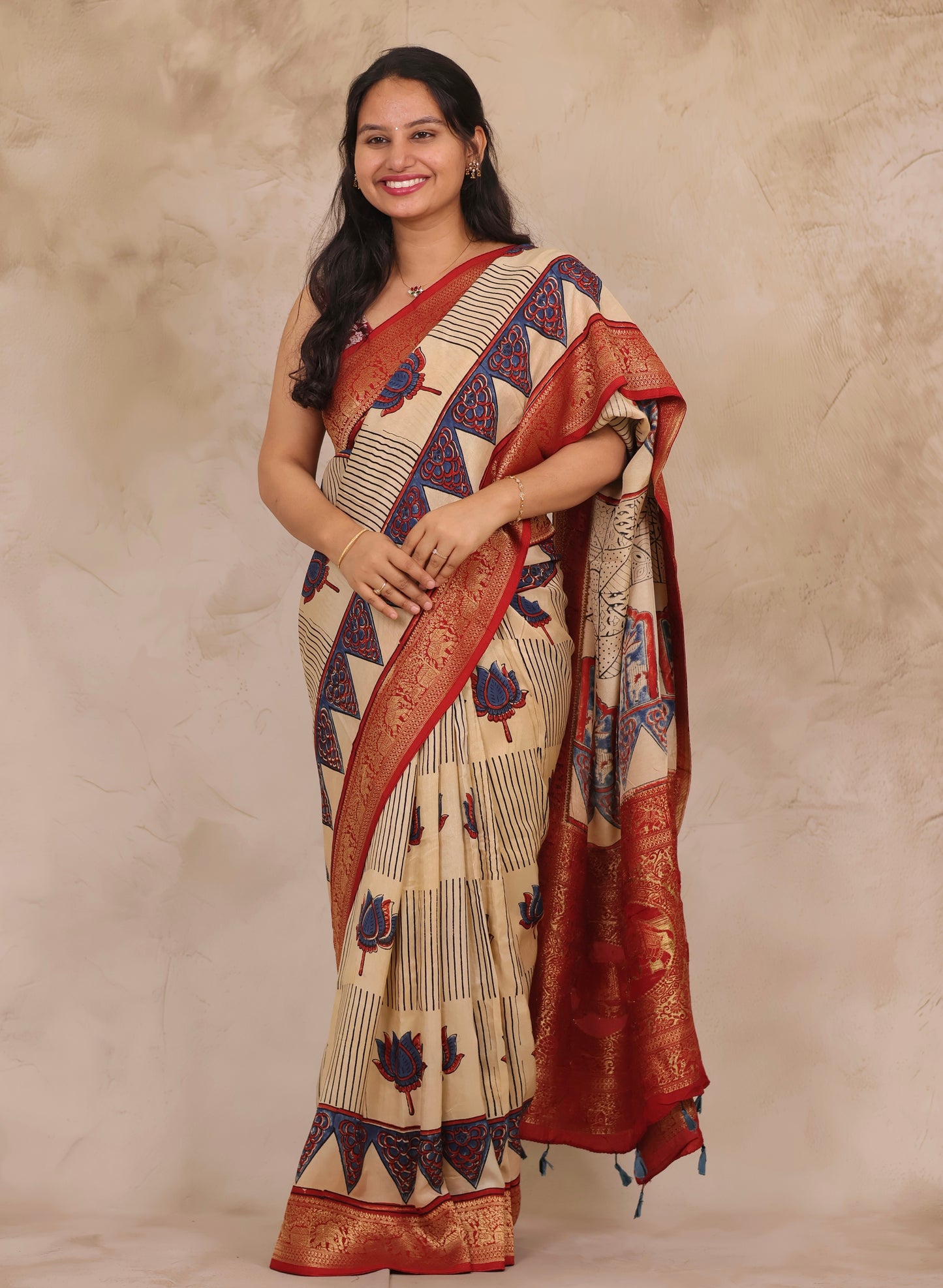 Cream Lotus Ajrakh Handblock printed Dola Silk Saree | Looms & Tassels