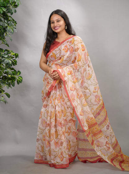 Off white Pure Kota Doria Saree with Bagru Handblock Prints