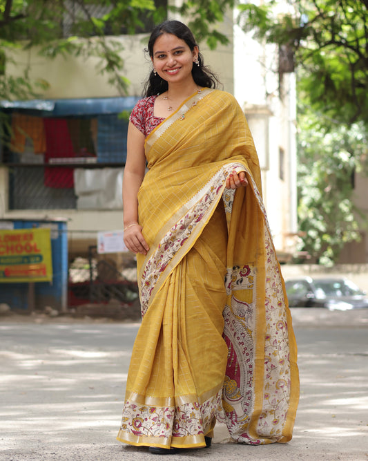 Golden Yellow Checks Kalamkari dyeing premium chennur silk saree