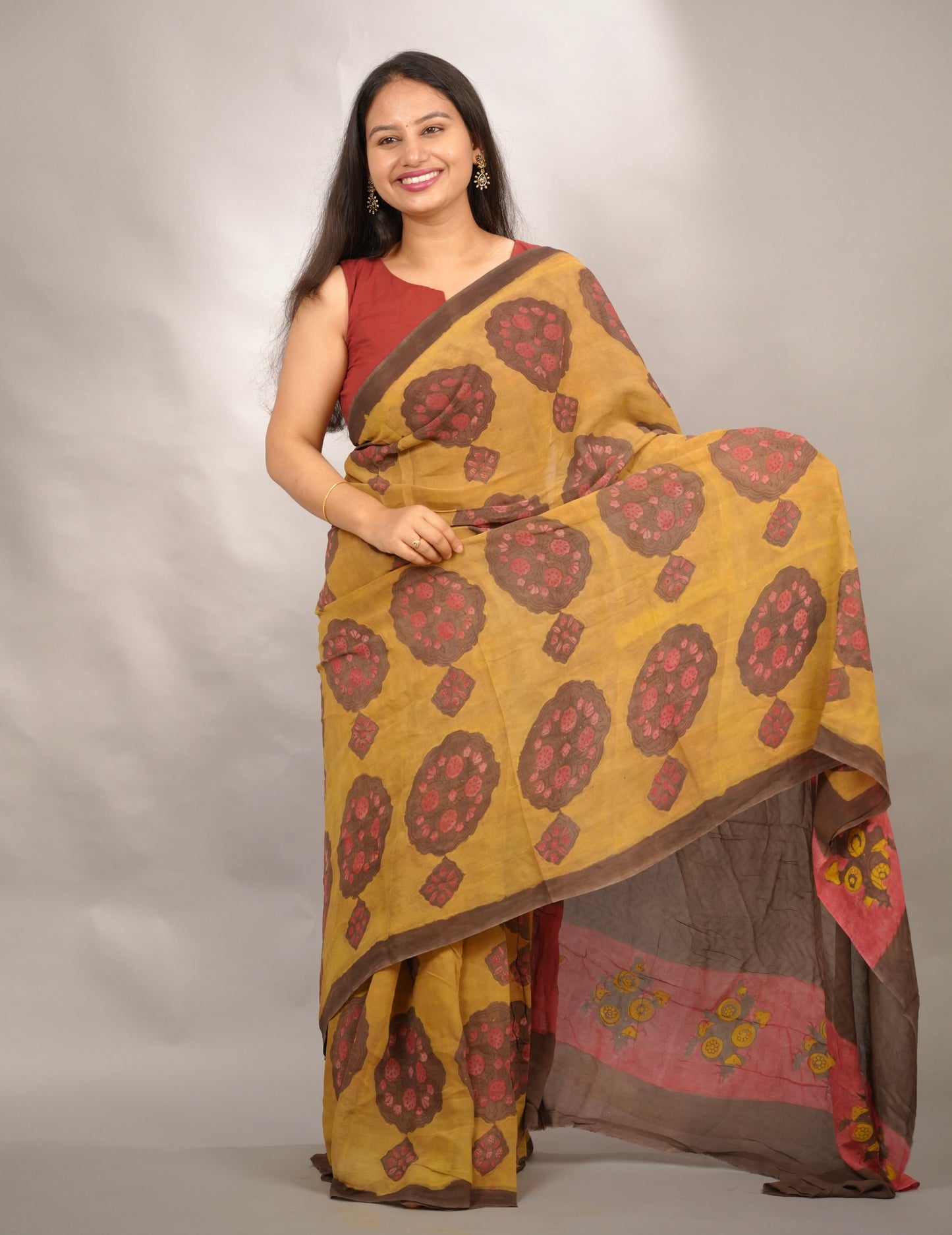 Mustard Georgette Hand Block Printed Saree| Looms & Tassels