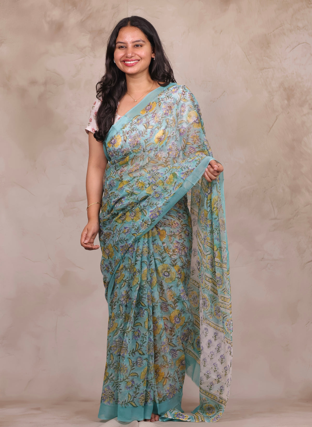 Ice Blue Chiffon Hand Block Printed Saree | Looms & Tassels