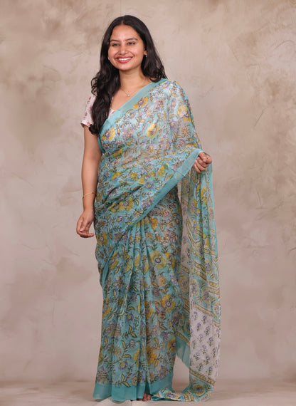 Ice Blue Chiffon Hand Block Printed Saree | Looms & Tassels