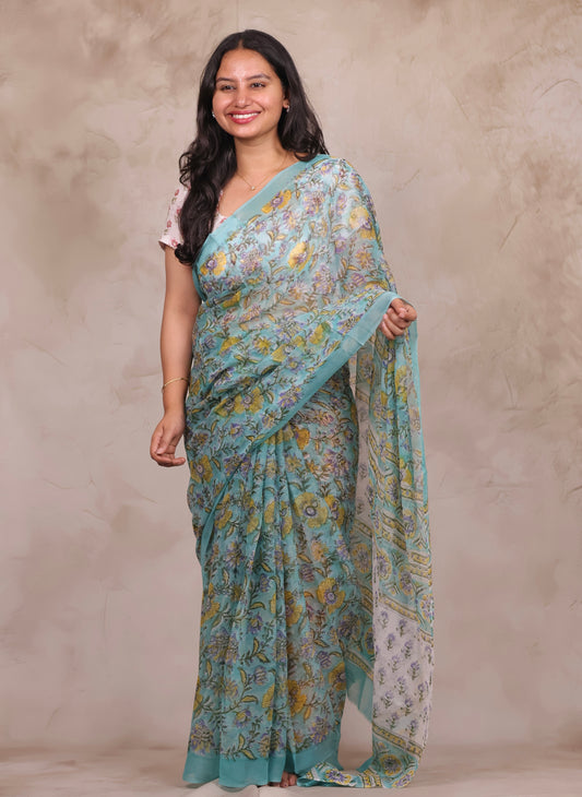 Ice Blue Chiffon Hand Block Printed Saree | Looms & Tassels