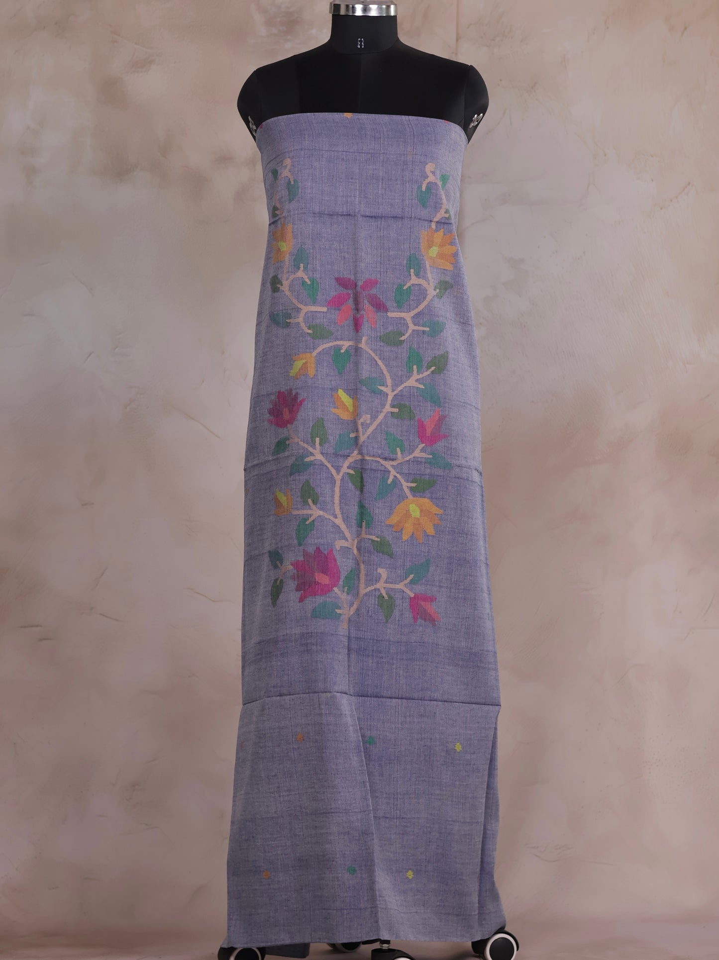 Grey Handwoven Jamdhani weaving pure Malai cotton 2 piece suit sets | Looms & Tassels