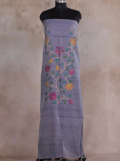 Grey Handwoven Jamdhani weaving pure Malai cotton 2 piece suit sets | Looms & Tassels