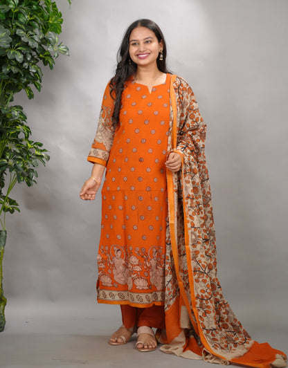 Orange Kalamkari Kota Cotton 3 piece suit (stitched) | Looms & Tassels