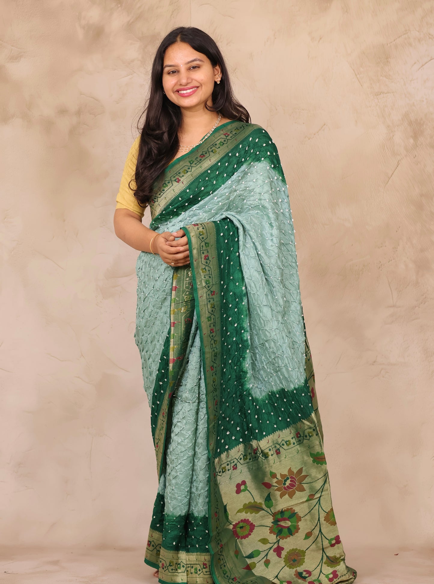 Green & Peach Handcrafted Bandhani Paithani Dola Silk Saree | Looms & Tassels