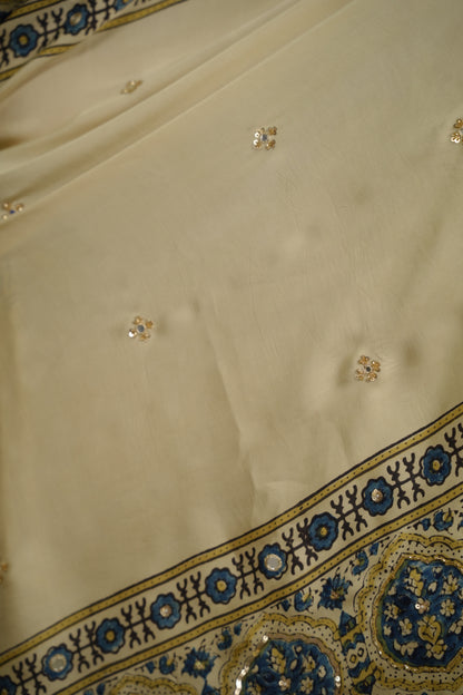Off White Ajrakh Modal Silk Hand Embroidery Saree  | Looms & Tassels