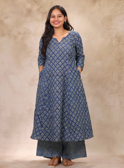 Indigo Ajrakh Handblock Printed Kali Kurti Co-ord Set (Pure Cotton ) | Looms & Tassels
