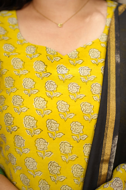 Yellow Handblock printed Pure Chenderi Silk 3 piece suit (stitched) |  Looms & Tassels
