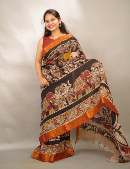 Black Kanchi border Kalamkari chennur silk saree | Looms & Tassels