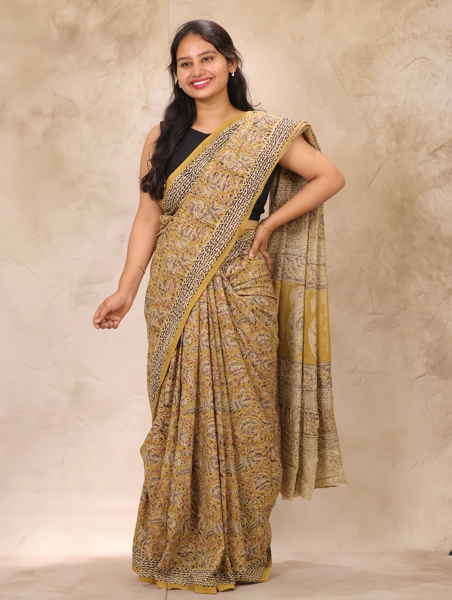 Mustard Hand Block Printed Kalamkari Cotton Saree | Looms & Tassels