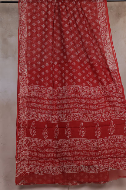 Rust Pure Kota Doria Saree with Bagru Handblock Prints | Looms & Tassels