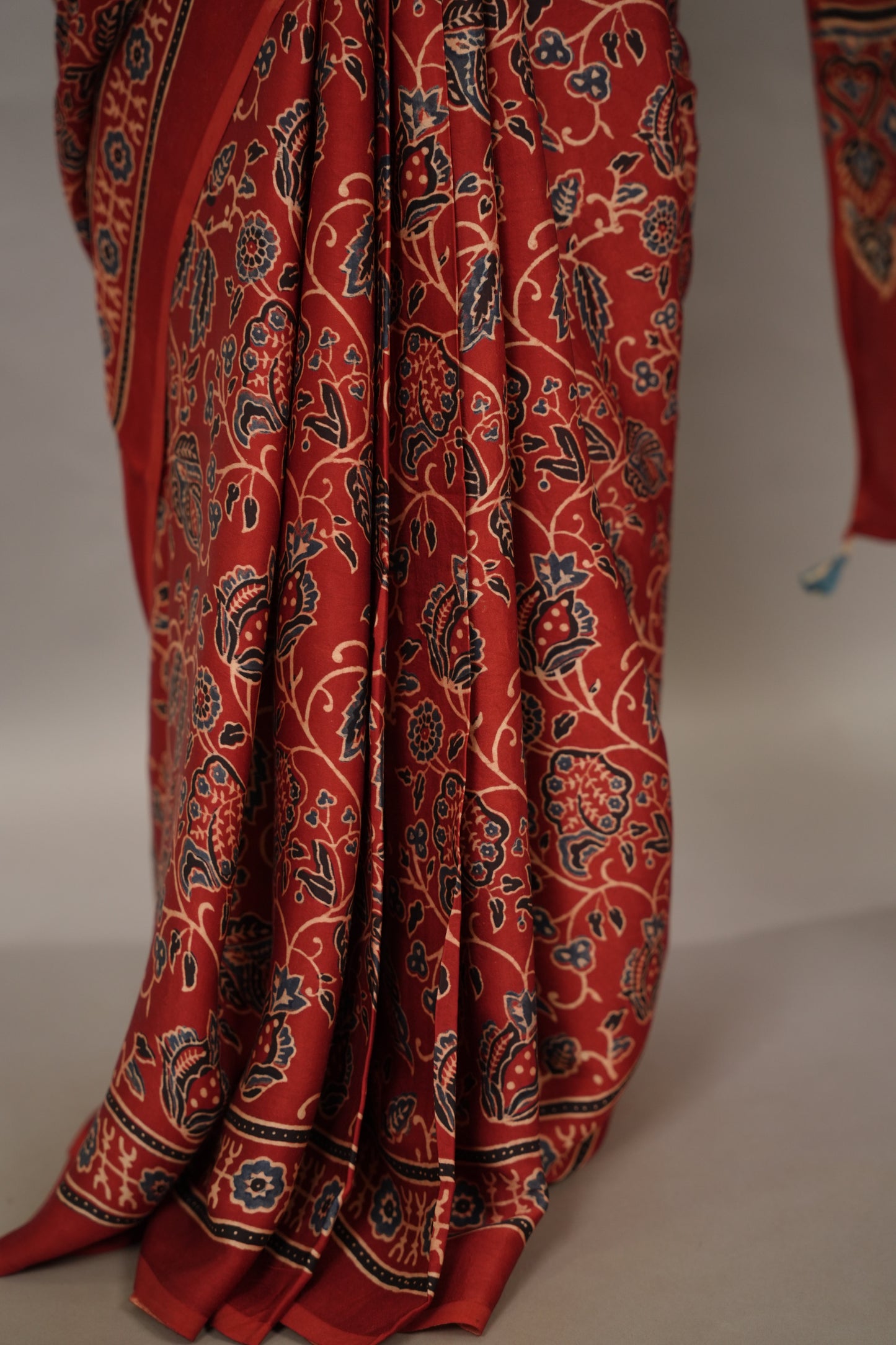 Red Authentic Ajrakh Handblock Printed Modal Silk Saree | Looms & Tassels