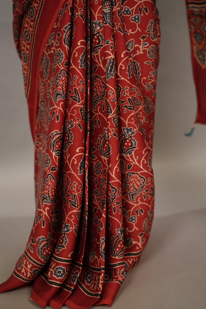 Red Authentic Ajrakh Handblock Printed Modal Silk Saree | Looms & Tassels