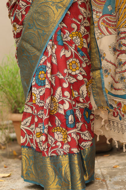 Red Kanchi border Kalamkari chennur silk saree