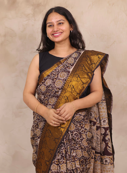 Hand Block Printed Kalamkari Kanchi Border Silk Saree