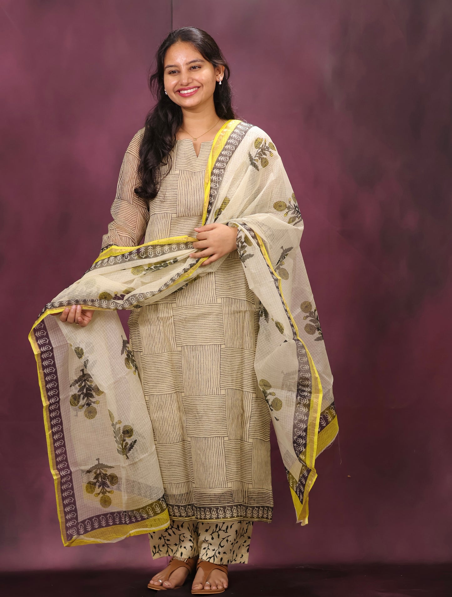 Cream Handblock printed kota 3 piece suit (stitched)