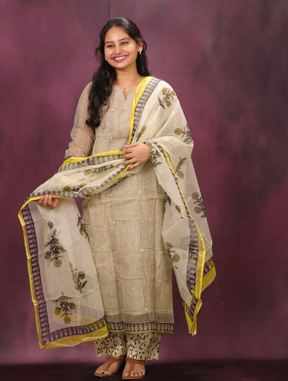 Cream Handblock printed kota 3 piece suit (stitched)