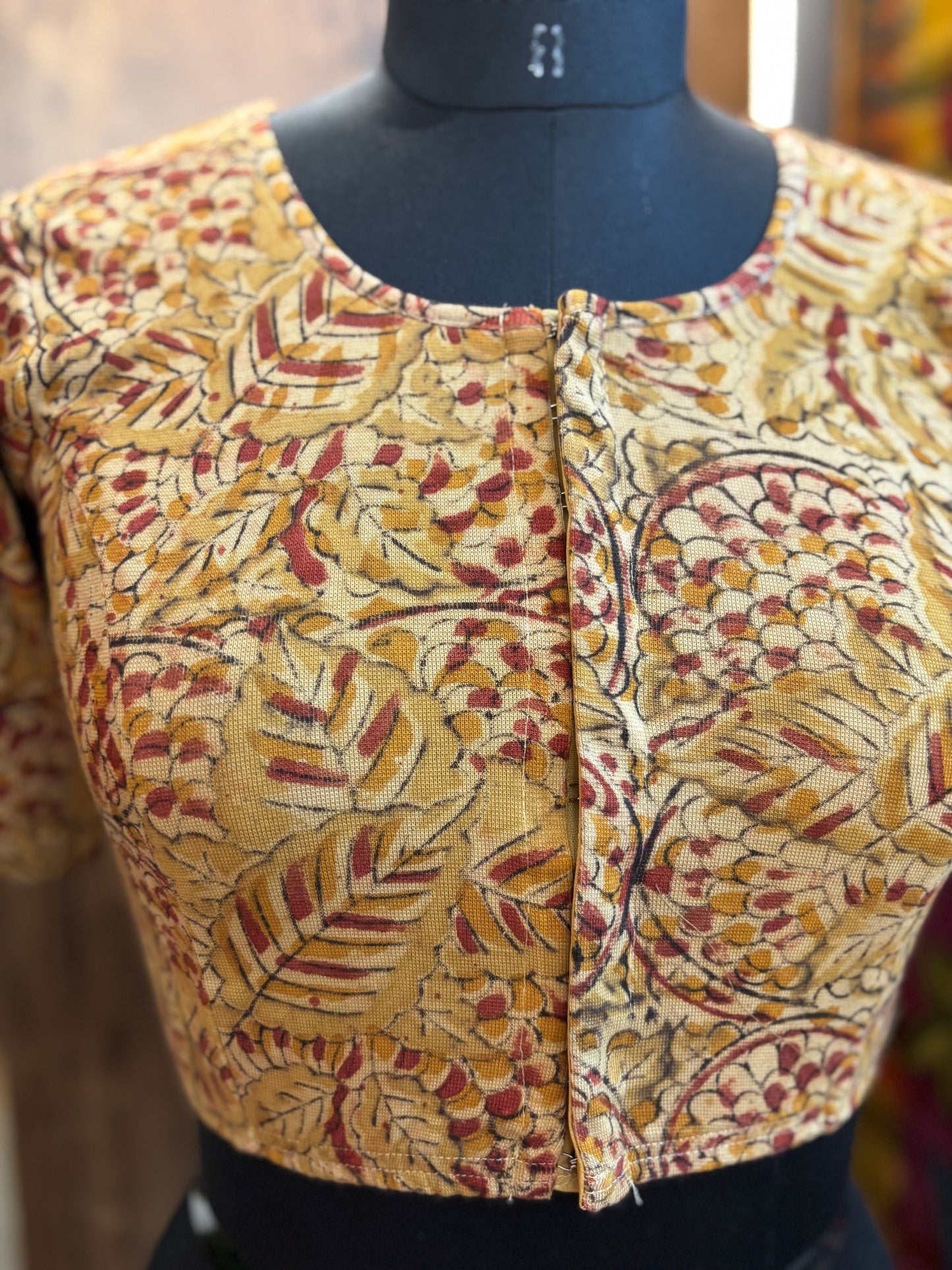 Round neck Stretchable Hand block printed kalamkari blouse with front hooks
