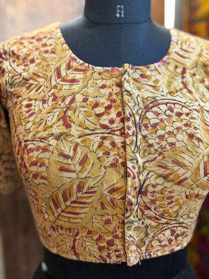 Round neck Stretchable Hand block printed kalamkari blouse with front hooks