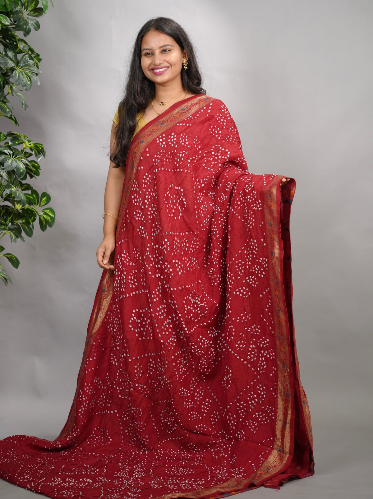 Maroon Handcrafted  Pattern Bandhani Paithani Dola Silk Saree | Looms & Tassels