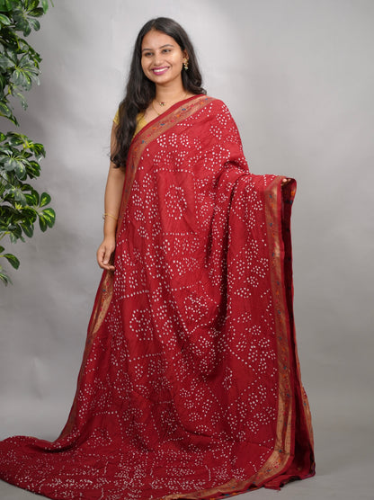 Maroon Handcrafted  Pattern Bandhani Paithani Dola Silk Saree | Looms & Tassels