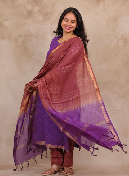 Purple Handblock printed Pure Maheswari Silk 3 piece suit (stitched)