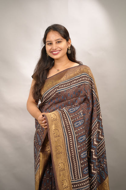 Ajrakh Handblock printed Dola Silk Saree | Looms & Tassels