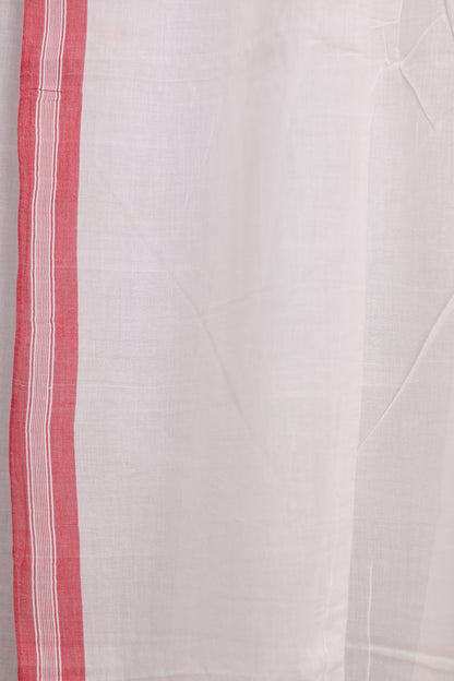 White & Red Pure Handwoven Malai Cotton Saree with Butta Weaving border