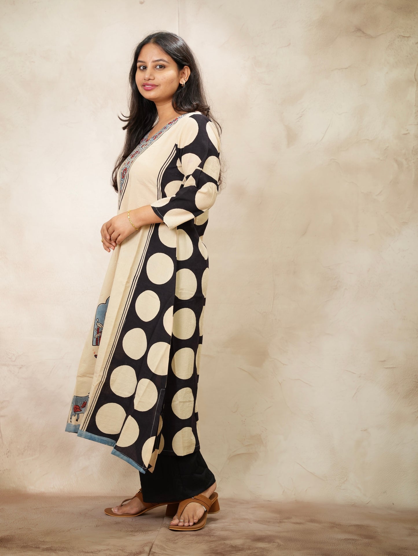Cream Ajrakh Pattern Hand Block printed Aline Kurti | Looms & Tassels
