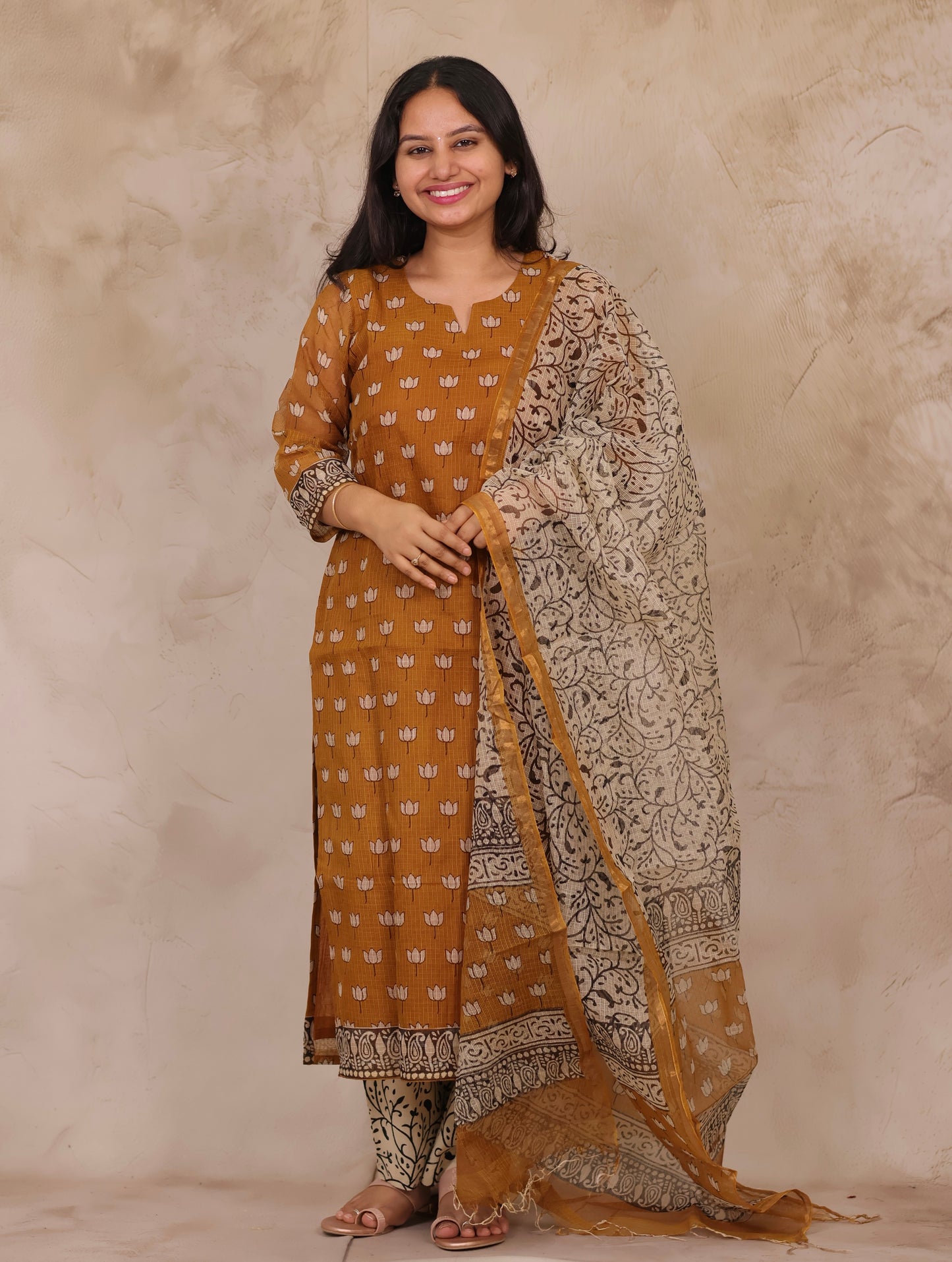 Mustard Handblock printed kota 3 piece suit (stitched)