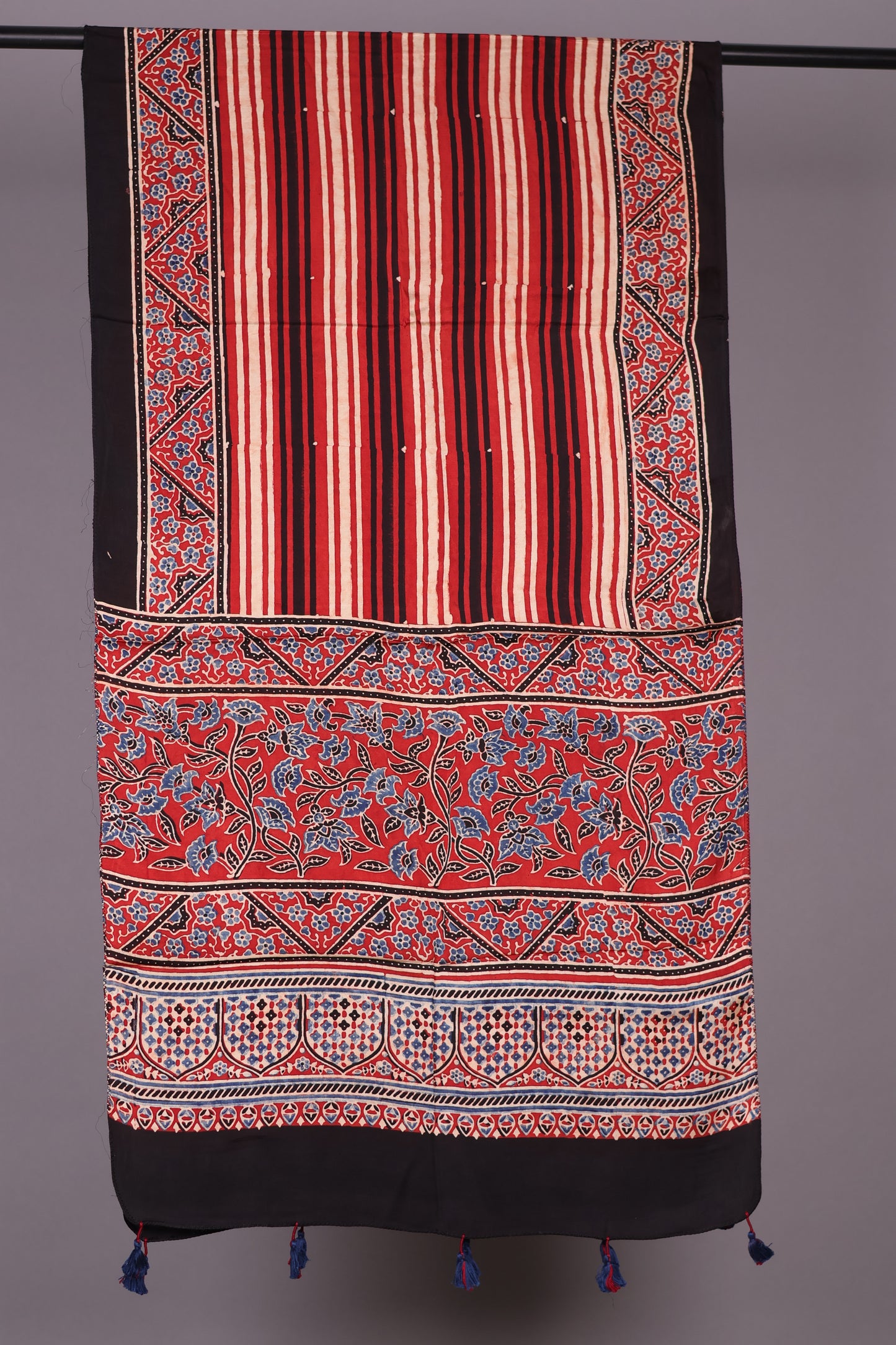 Red stripes Ajrakh Hand Block Printed Modal Silk Stole | Looms & Tassels