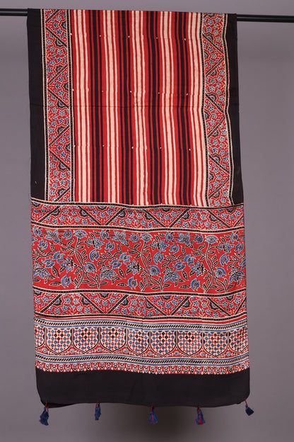 Red stripes Ajrakh Hand Block Printed Modal Silk Stole | Looms & Tassels