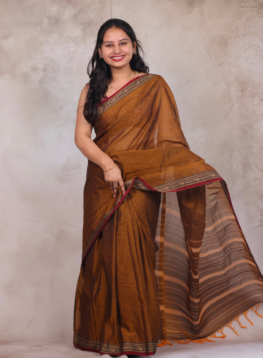 Mustard Narayanpet Cotton Saree | Looms & Tassels