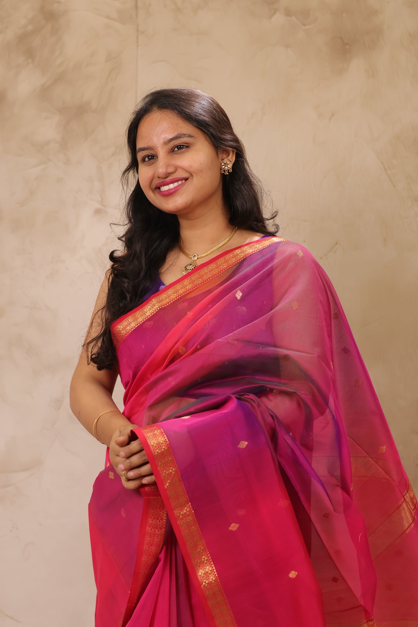Pink Dual Tone Handloom Maheswari Silk Cotton Sarees | Looms & Tassels