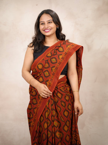 Ajrakh Hand Block Printed Cotton Saree | Looms & Tassels