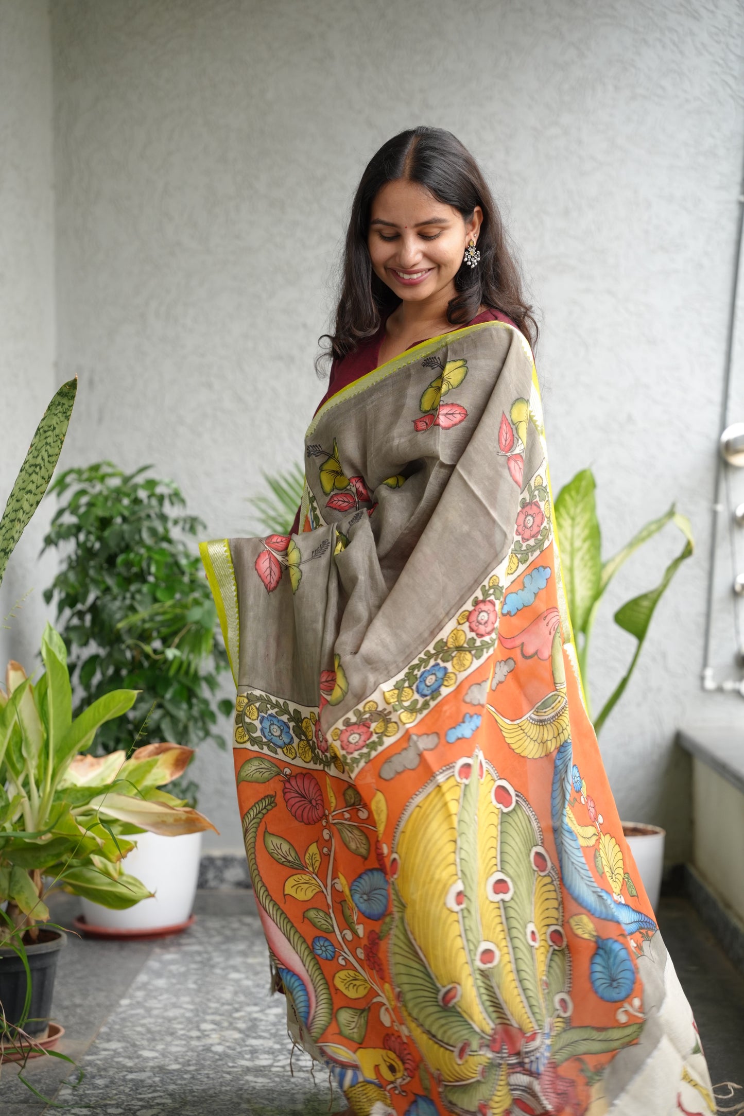 Grey Pen Kalamkari Mangalagiri silk Dupatta