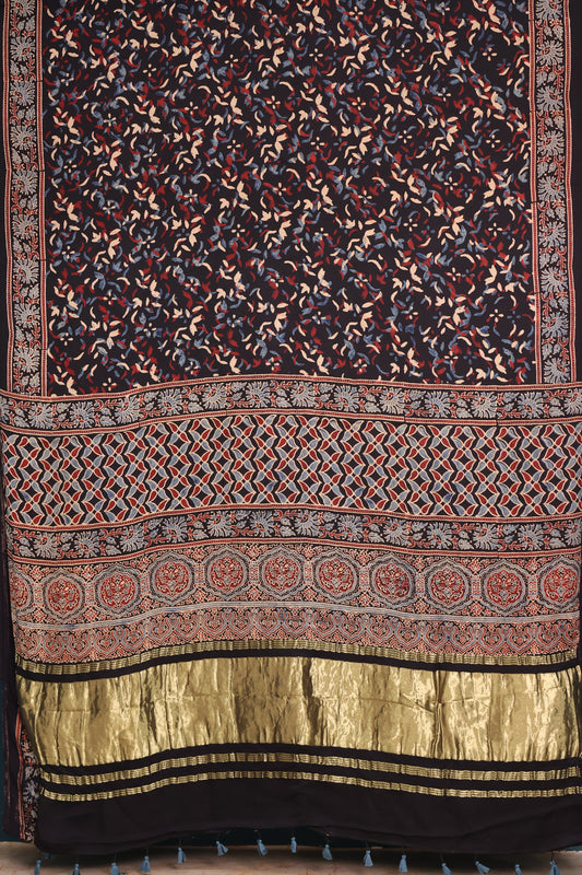 Pure Ajrakh Hand Block Printed Modal Silk Saree