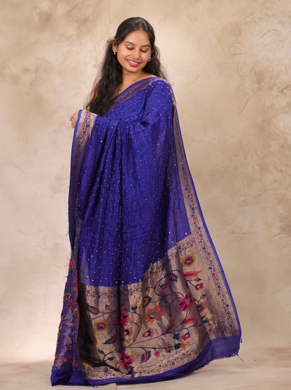 Blue Handcrafted Bandhani Paithani Dola Silk Saree | Looms & Tassels