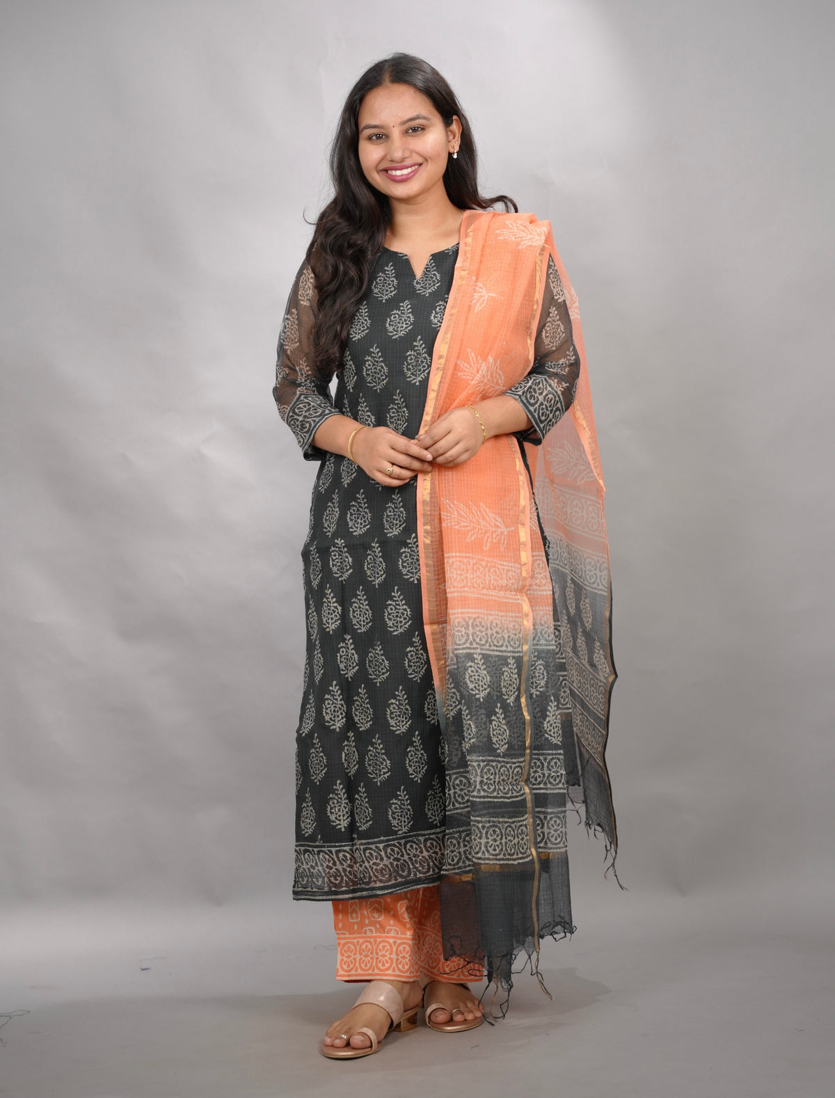 Grey & orange Handblock printed kota 3 piece suit (stitched)| Looms & Tassels