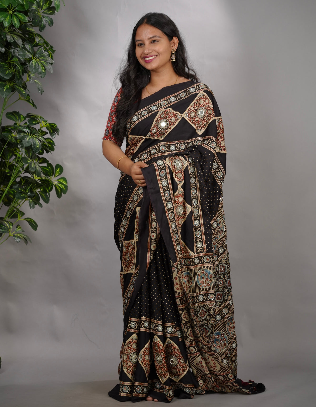 Black Ajrakh Modal Silk Hand Embroidery Saree  | Looms & Tassels
