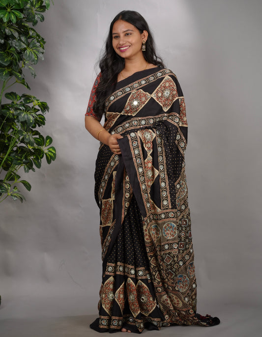 Black Ajrakh Modal Silk Hand Embroidery Saree  | Looms & Tassels